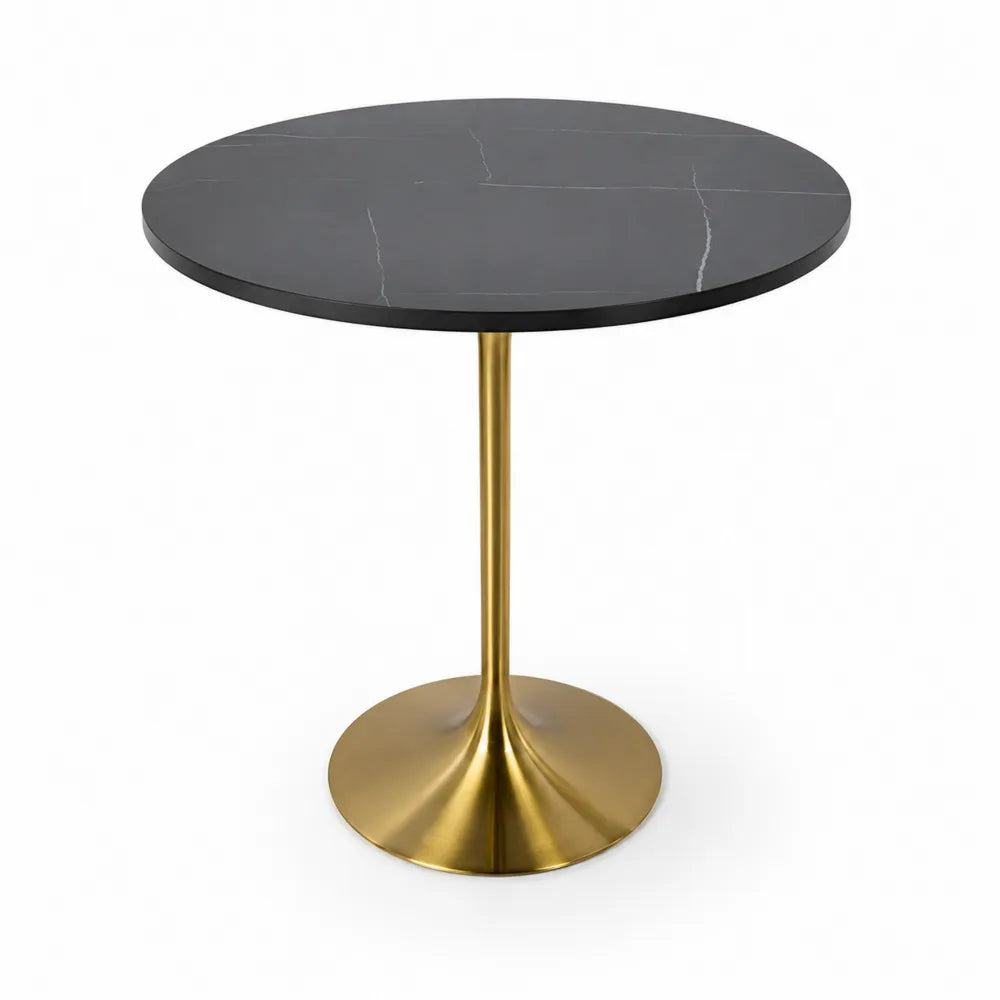 Runder Esstisch Schwarz Marmor Optik mit goldenem Metallfuß