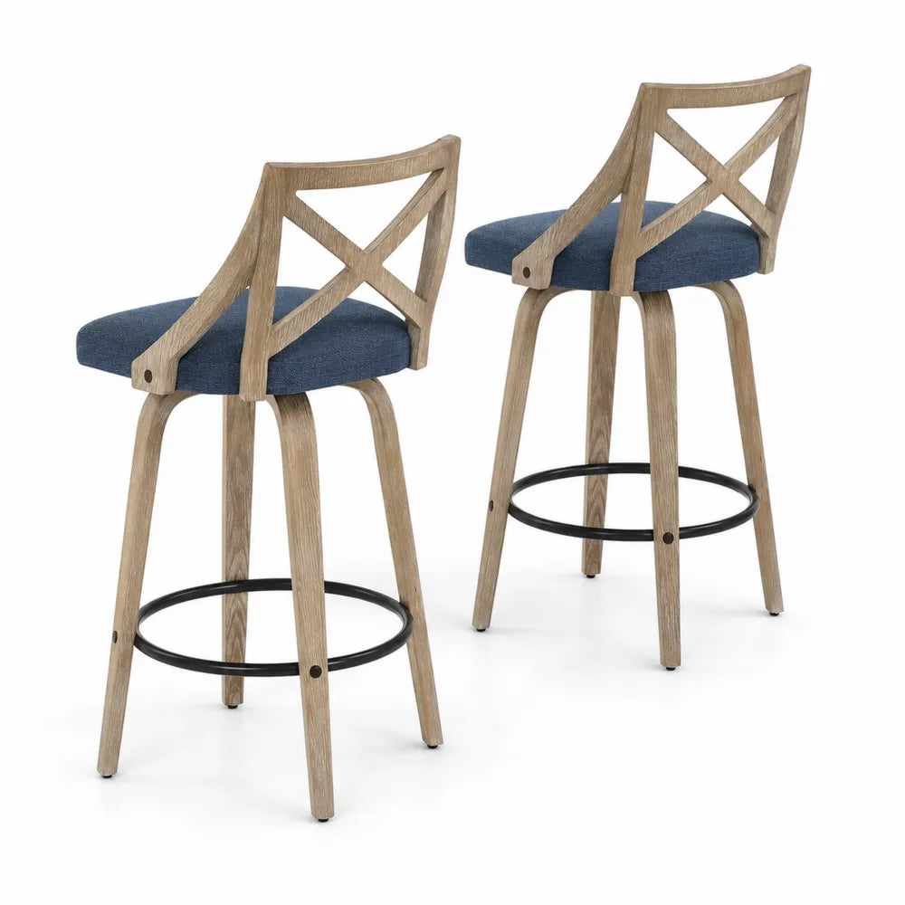2er Set Barhocker aus Eichenholz mit blauem Stoffbezug