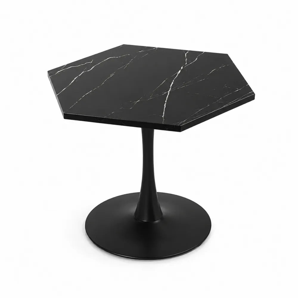 Esstisch Schwarz Sechseckig mit Marmor-Optik MDF und Metallfuß 60cm