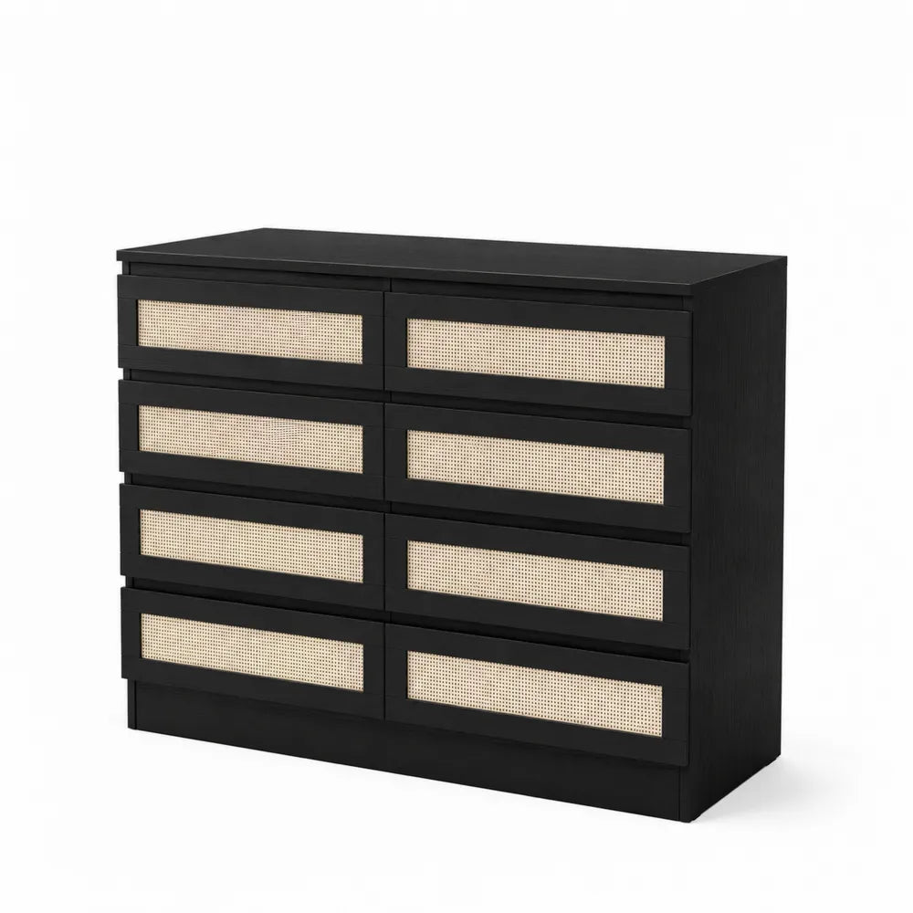 Schwarze MDF-Kommode mit acht Schubladen aus Geflecht, 80 cm hoch
