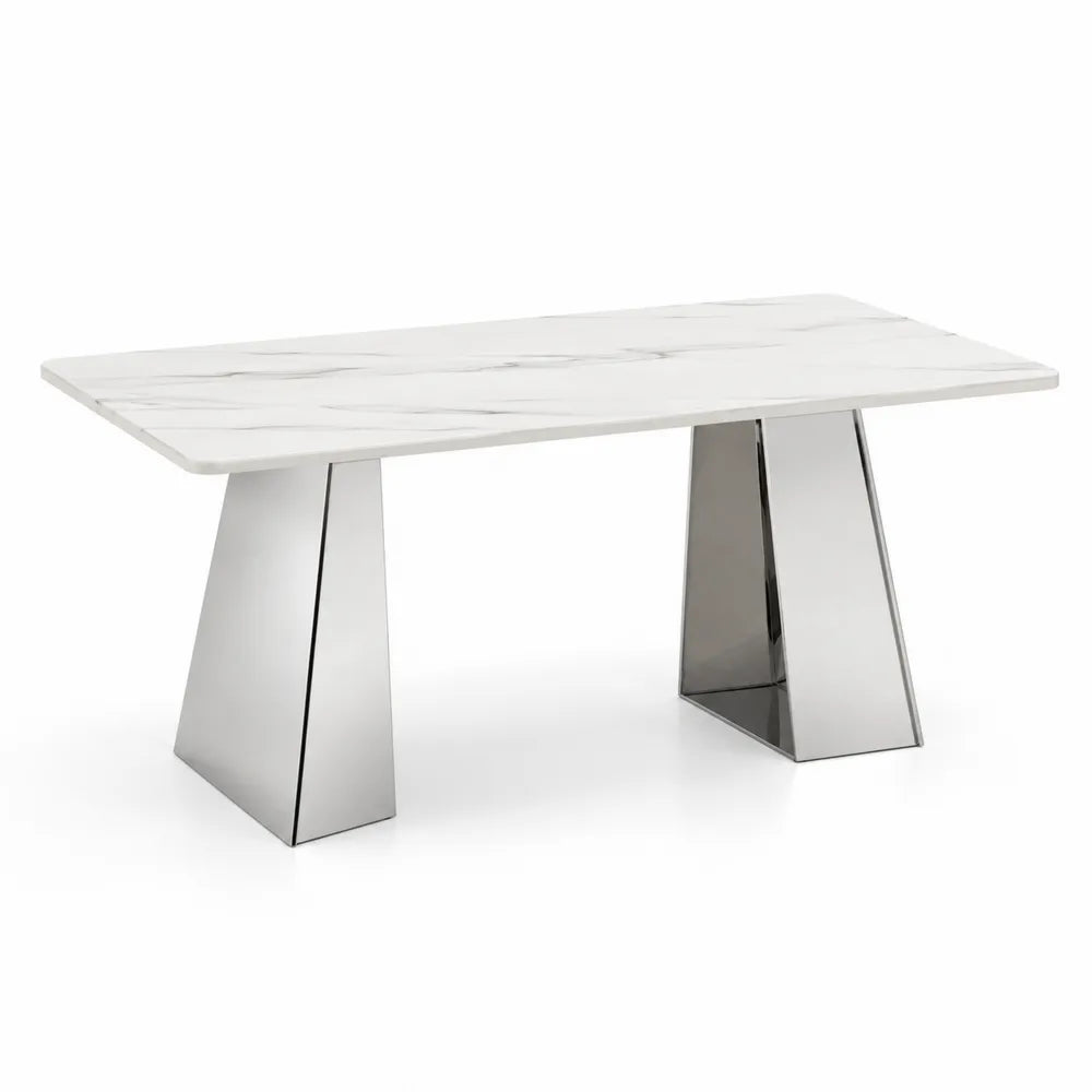 Rechteckiger Tisch aus Marmorimitat mit Edelstahlbeinen 200x100x76 cm Weiß