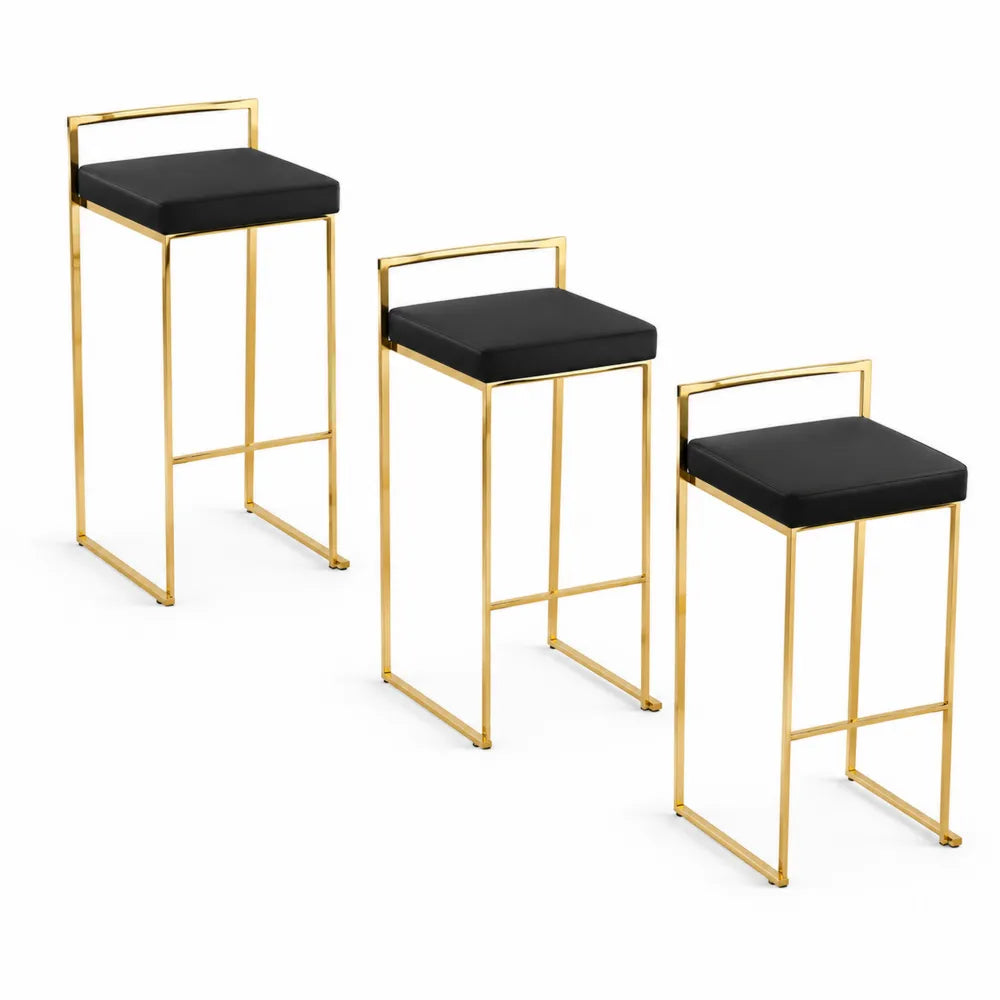 3er Set Barhocker mit schwarzem Kunstleder und goldenem Metallrahmen 74 cm